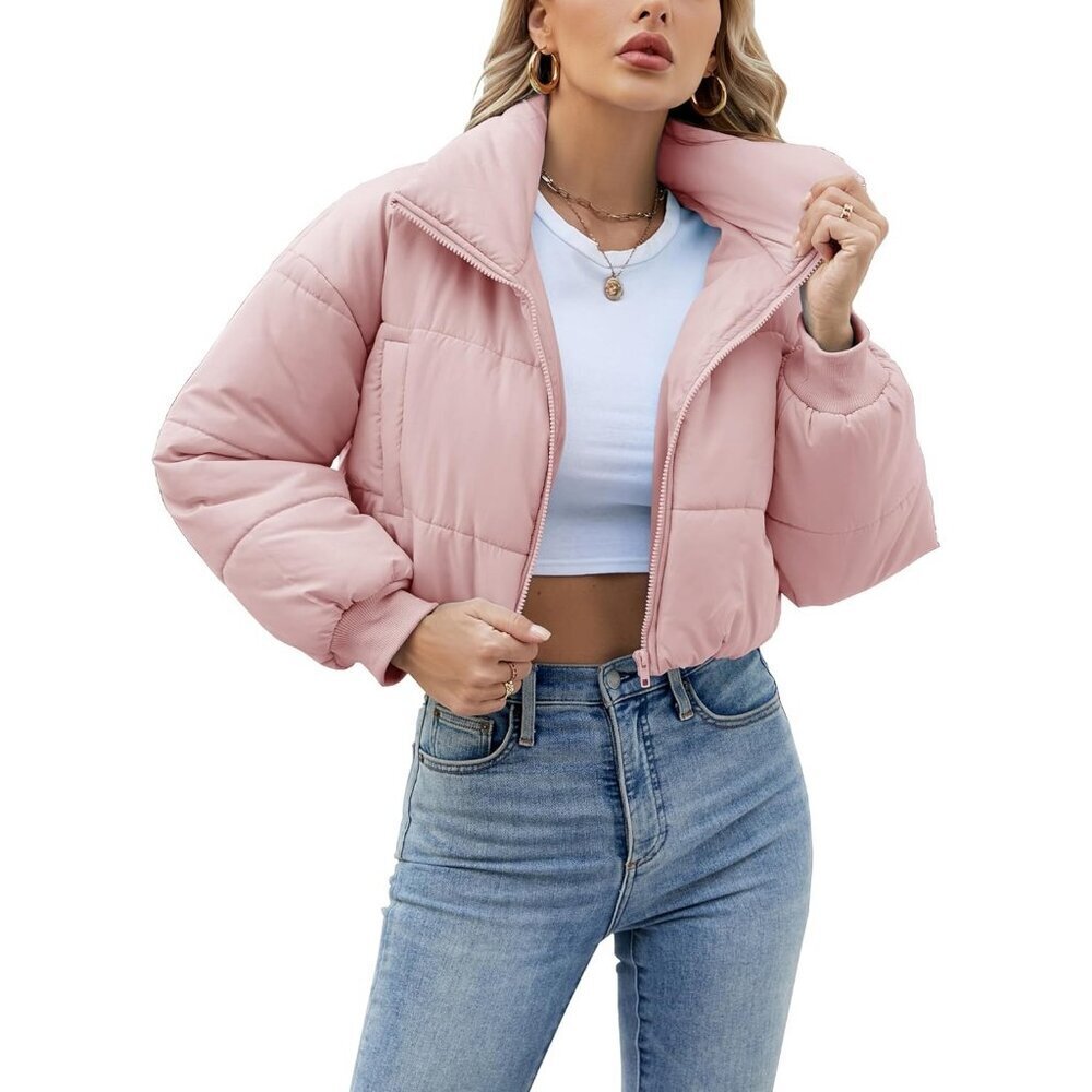Women's Light Pink Lightweight Quilted  Puffer Jacket Coat Long Sleeve Zipper